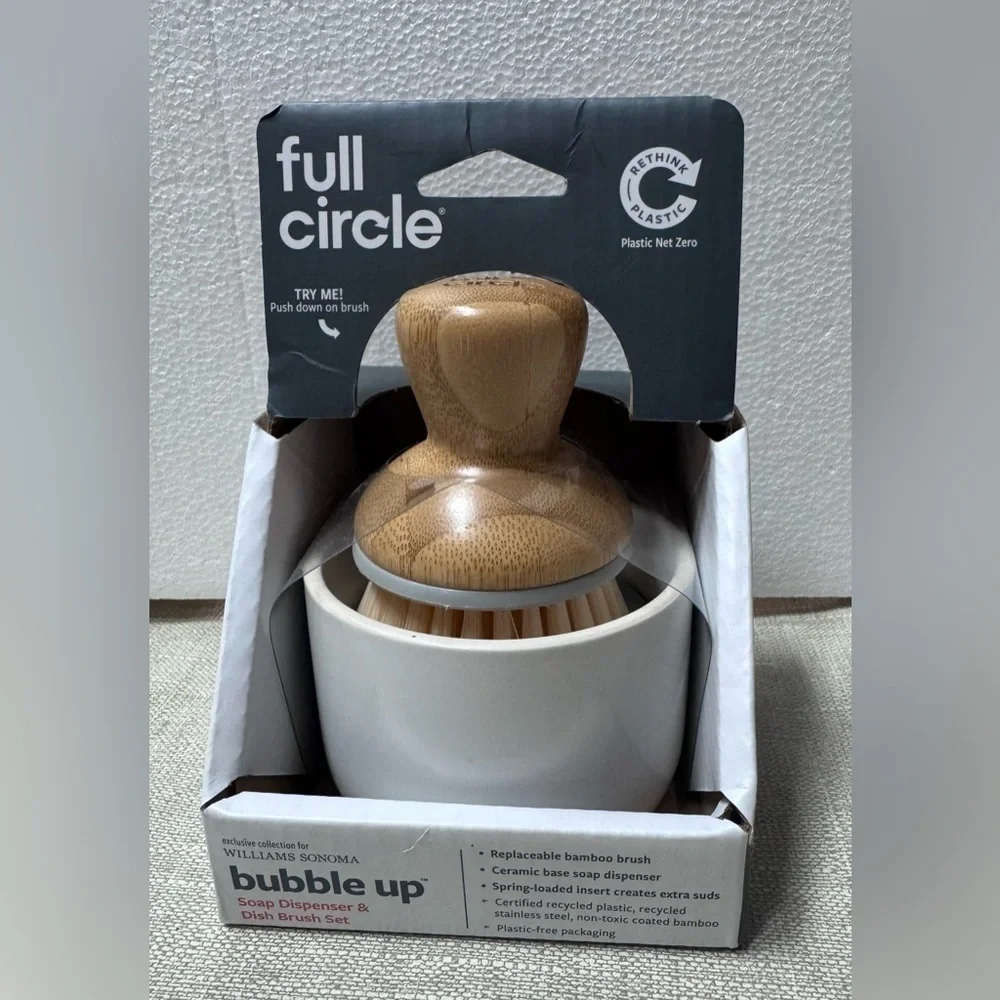 NEW Full Circle White/Tan  Bubble Up Soap Dispenser & Dish Brush Set